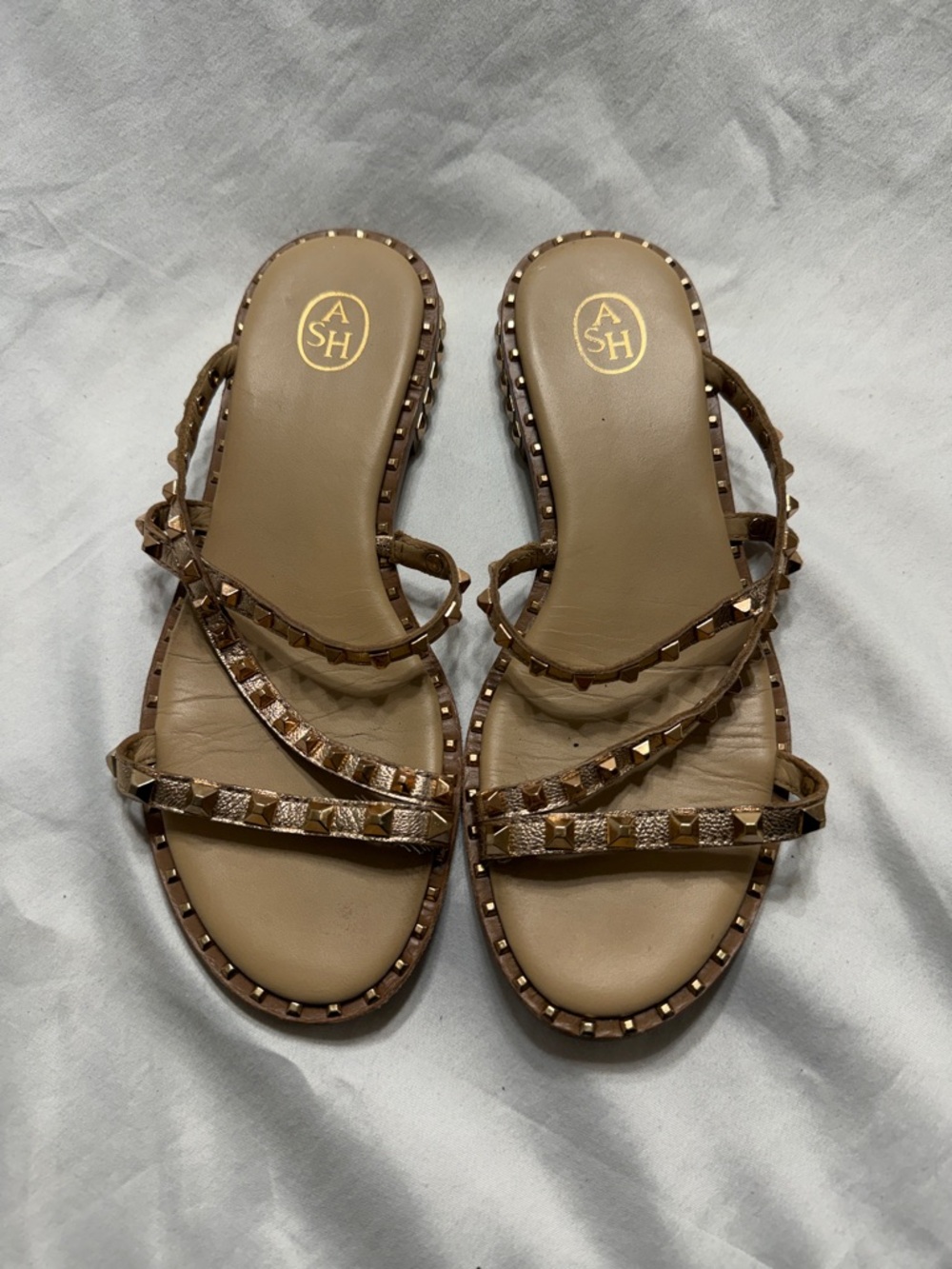 ASH Studded Leather Sandals Size 39 Gold Bronze Strappy Rockstud Style Flats